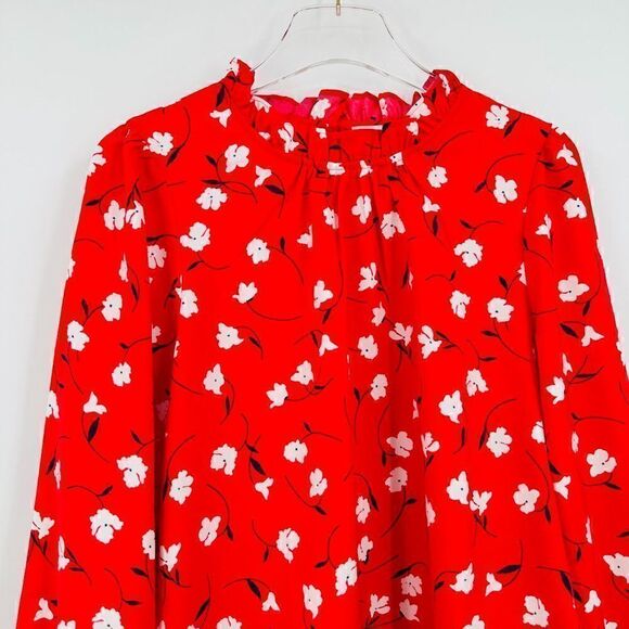 J. Crew Size Large Petite PL Red Floral Long Sleeve Ruffleneck Blouse Top - Picture 2 of 7